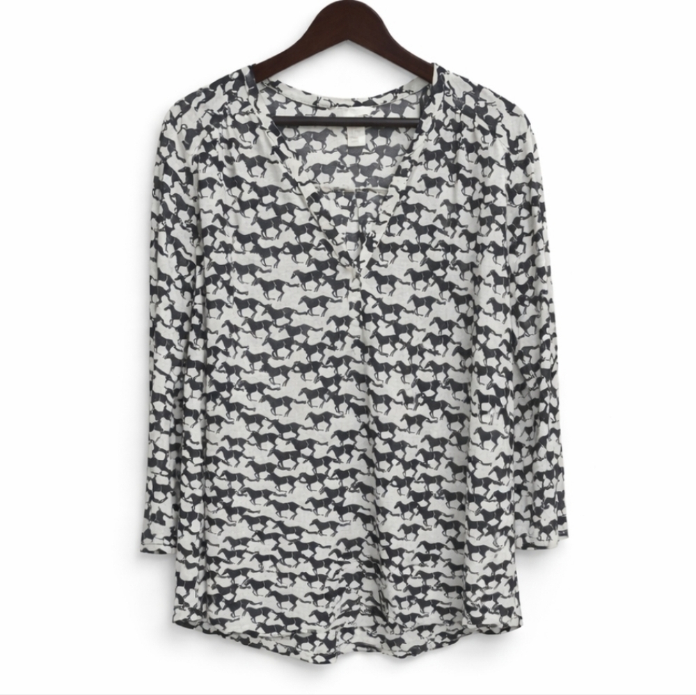 H&M White Equestrian Print Deep V-neck Pullover Polyester Hi-lo Blouse Sz XL